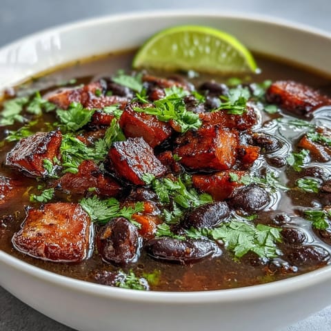 Smoky ham, tender black beans, and vibrant vegetables create a comforting Cuban-inspired soup with zesty lime.  