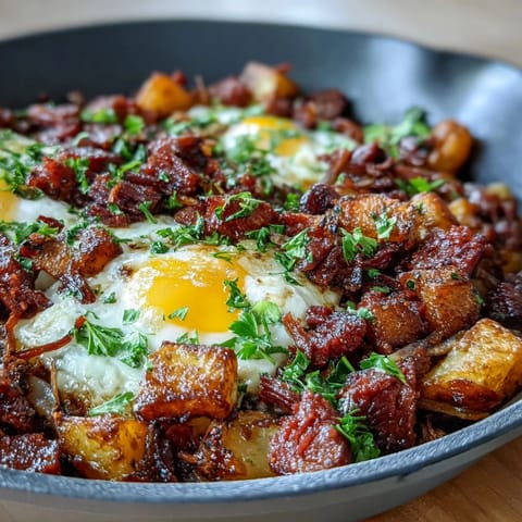Hearty corned beef hash breakfast skillet with crispy potatoes, sautéed veggies, and eggs—a comforting morning classic.  