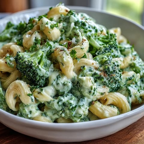 Nutritious twist on classic mac and cheese, featuring bright green spinach sauce, tender pasta, and fresh broccoli florets.  