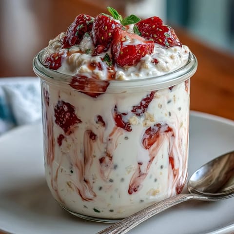 Creamy overnight oats with strawberries, vanilla, and chia seeds, packed with protein for a delicious and healthy breakfast.