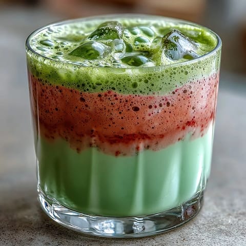 A vibrant strawberry matcha latte with creamy oat milk foam, layered in a glass for a stunning café-style drink.