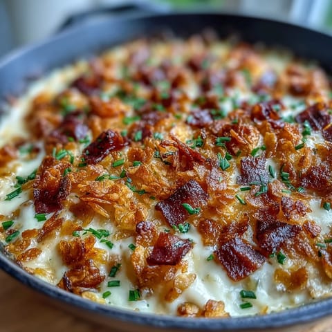 Funeral Potatoes and Ham Breakfast Skillet with crispy hash browns, savory diced ham, and a golden crunchy cornflake topping.  