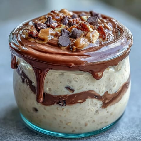Decadent peanut butter cup overnight oats jar layered with creamy oats, rich chocolate, and smooth peanut butter—perfect for a sweet breakfast treat.