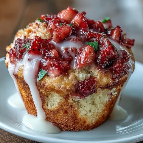 Golden-topped muffins filled with juicy strawberries and drizzled with tangy lemon glaze for a bright flavor twist.  