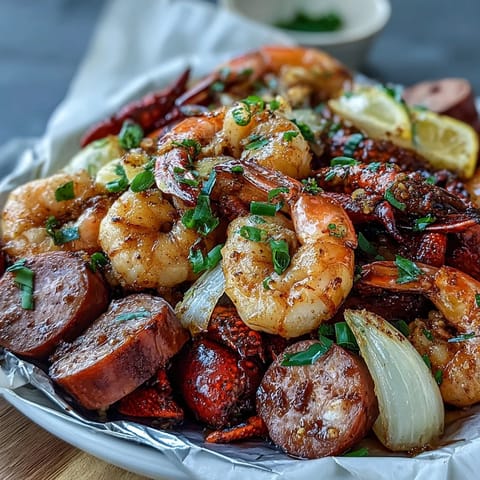 Juicy crawfish boil foil packets sizzling on the grill with corn, potatoes, and sausage, packed with Cajun spices.  