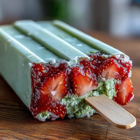 Creamy strawberry matcha latte popsicles with vibrant red and green layers for a refreshing summer treat.