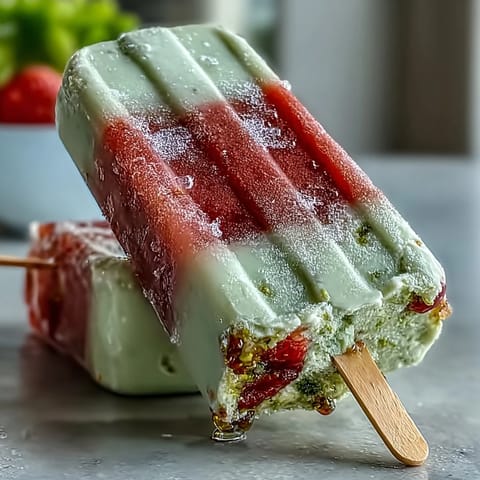 Vibrant popsicles blending sweet strawberries and smooth matcha latte for a colorful, refreshing dessert on a stick.