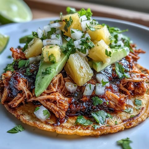 A plate of crispy tostadas piled high with tender shredded chicken, zesty pineapple salsa, and creamy avocado slices.