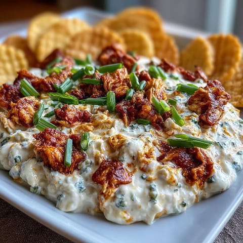 Creamy High-Protein Cottage Cheese Buffalo Chicken Dip with shredded chicken and spicy Buffalo sauce, topped with cheddar and green onions.