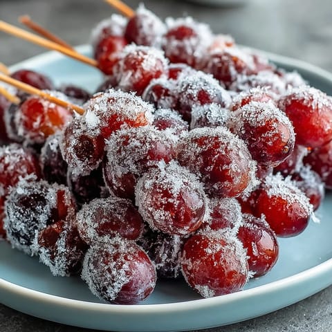 Frozen Grape Skewers with Lime Sugar: juicy grapes coated in zesty lime sugar, frozen for a crisp, refreshing summer snack.  