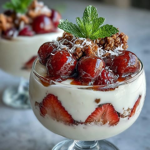 Mothers Day Brunch Yogurt Parfait Bar with Fresh Berries in clear glass cups, vibrant layers of creamy yogurt and colorful berries topped with crunchy granola and coconut flakes.