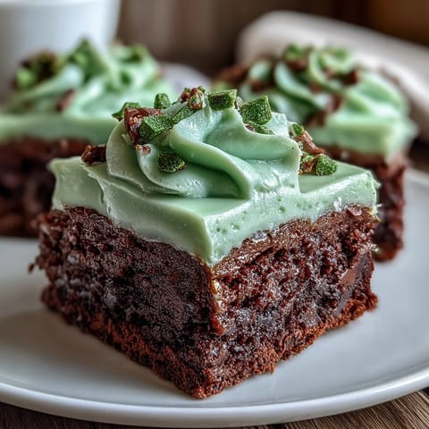 Festive shamrock-shaped brownies with rich chocolate base and vibrant green icing, perfect for St. Patrick's Day celebrations.