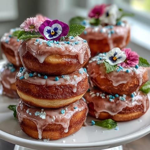 Baby in Bloom Mini Donut Tower with Flowers, a whimsical tiered dessert centerpiece adorned with fresh edible flowers and pastel glazed donuts, perfect for baby showers or spring celebrations.