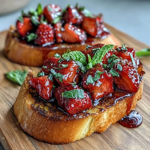 Fresh strawberry bruschetta with balsamic and mint, served on toasted baguette slices for a vibrant summer appetizer.