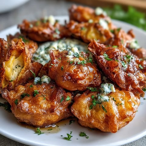 Golden dandelion fritters with crispy coating served alongside fresh herb dipping sauce.