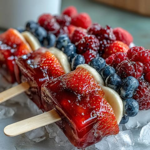 Festive Fourth of July fruit skewers with strawberries, bananas, and blueberries in patriotic colors.