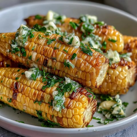 Microwave Corn on the Cob with Garlic Butter, golden and glossy, coated in melted garlic butter for a savory, aromatic side dish.