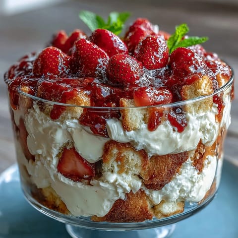 Mothers Day Strawberry Shortcake Layered Trifle with juicy berries and whipped cream in a clear glass bowl.
