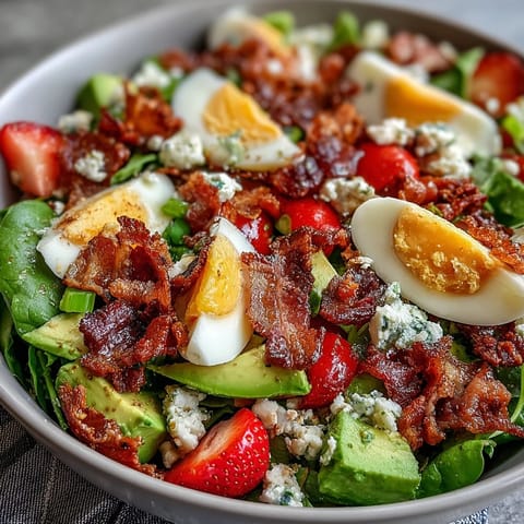 Spring Cobb Salad with Strawberries and Avocado: vibrant mix of fresh greens, juicy strawberries, creamy avocado, and tangy feta, perfect for a light spring meal.