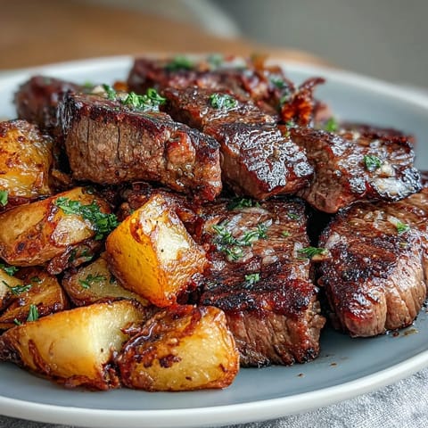 Crispy golden potatoes and tender garlic butter steak bites sizzle in a skillet, ready to serve at your spring dinner party.