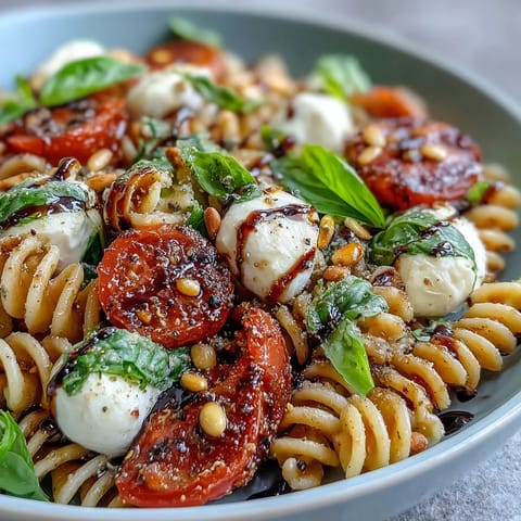 Colorful Caprese pasta salad featuring al dente penne, ripe cherry tomatoes, and fresh mozzarella, drizzled with olive oil and balsamic glaze.
