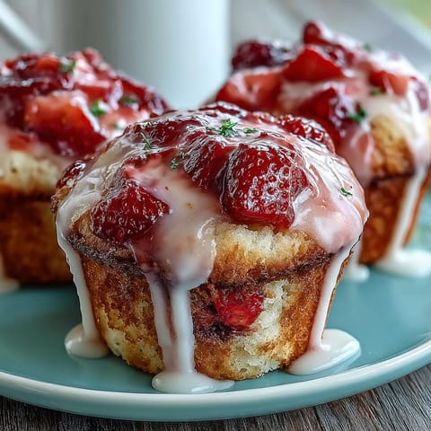 Fluffy strawberry lemon muffins with fresh berries and a tangy lemon glaze, ideal for a bright spring brunch or snack.