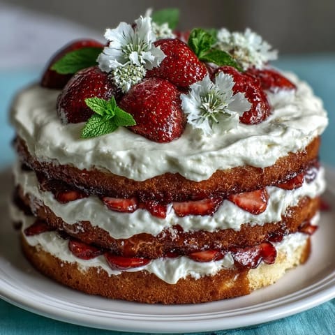 Naked cake with fresh strawberries and whipped cream, spring dessert with elegant layers.  