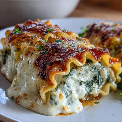 Golden-brown Garlic Butter Lasagna Roll-Ups, bubbling with mozzarella and Parmesan, served on a rustic plate with fresh parsley.
