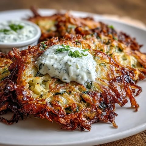 Golden zucchini fritters with feta, served with cool yogurt mint sauce.
