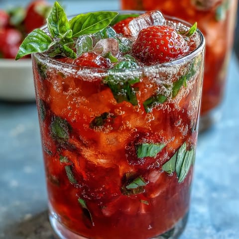 Sparkling Strawberry Basil Mocktail, perfectly muddled with fresh herbs for a refreshing drink.