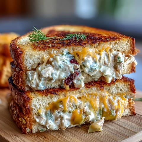 Golden crispy tuna melt sandwich oozing with melted cheese, perfect for lunch.