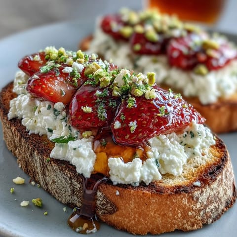 Creamy Strawberry Honey Ricotta Toast with pistachios, a delightful vibrant breakfast bite.