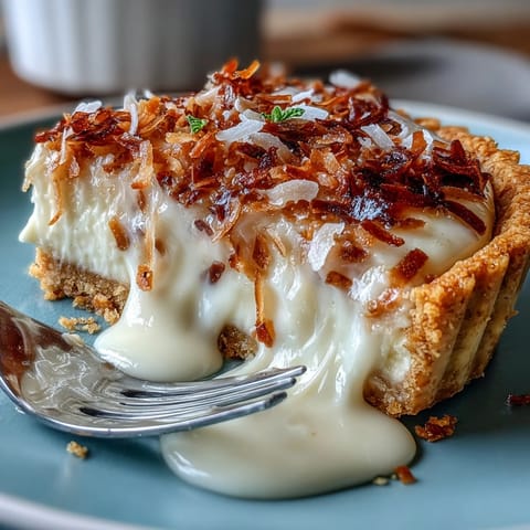 A delicious coconut lime tart sits in a graham cracker crust, ready to be sliced.
