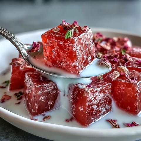Jewel-toned Strawberry Rose Gelatin Mosaic Cake, glistening in a delicate dessert presentation.