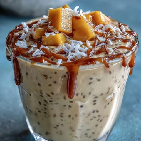Vibrant mango coconut chia smoothie in a tall glass, garnished with fresh mango slices and a sprinkle of chia seeds.