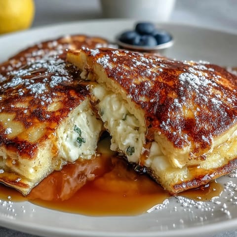 Stack of extra-thick lemon ricotta pancakes served warm, drizzled with maple syrup and garnished with lemon zest.  