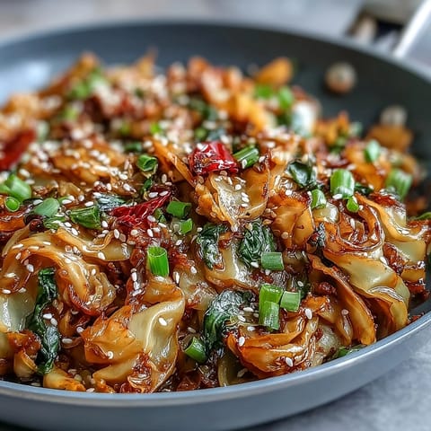 Vibrant spicy cabbage stir fry glistening with sesame oil and chili flecks.
