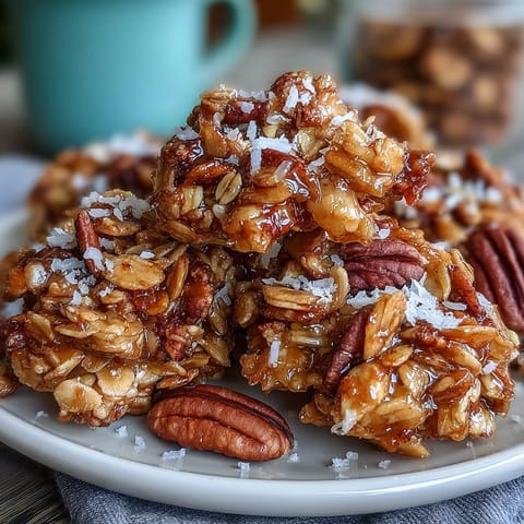 Golden homemade granola clusters piled high, boasting crunchy oats and nuts.