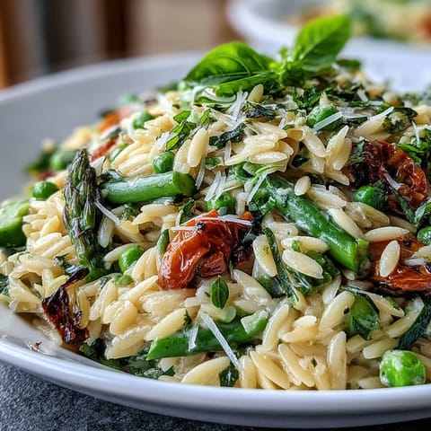 Vibrant Spring Orzo Primavera bursting with fresh vegetables and creamy Parmesan.