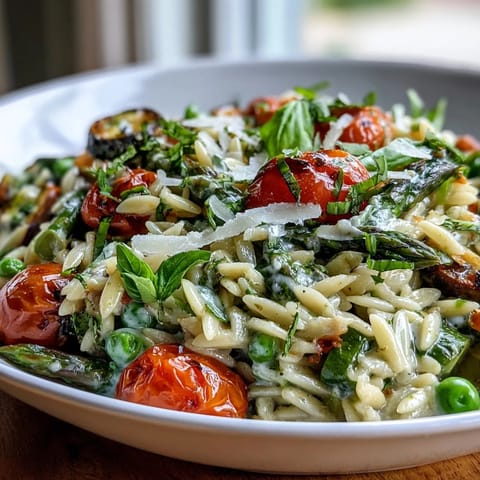 Tender Spring Orzo Primavera dish with bright green vegetables and fragrant basil.