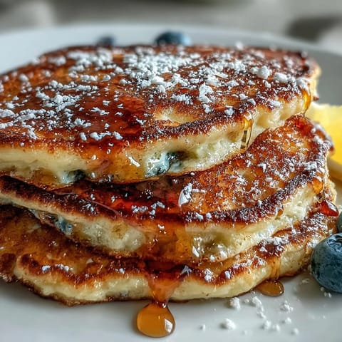 Fluffy lemon ricotta pancakes with golden edges, topped with fresh berries and a dusting of powdered sugar.  