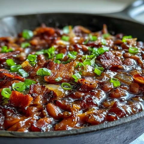 Deeply flavorful molasses baked beans with crispy bacon, perfect for any American gathering.