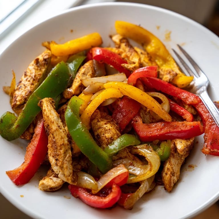 Chicken Fajita Skillet bursting with colorful peppers and onions, smelling of smoky spices.