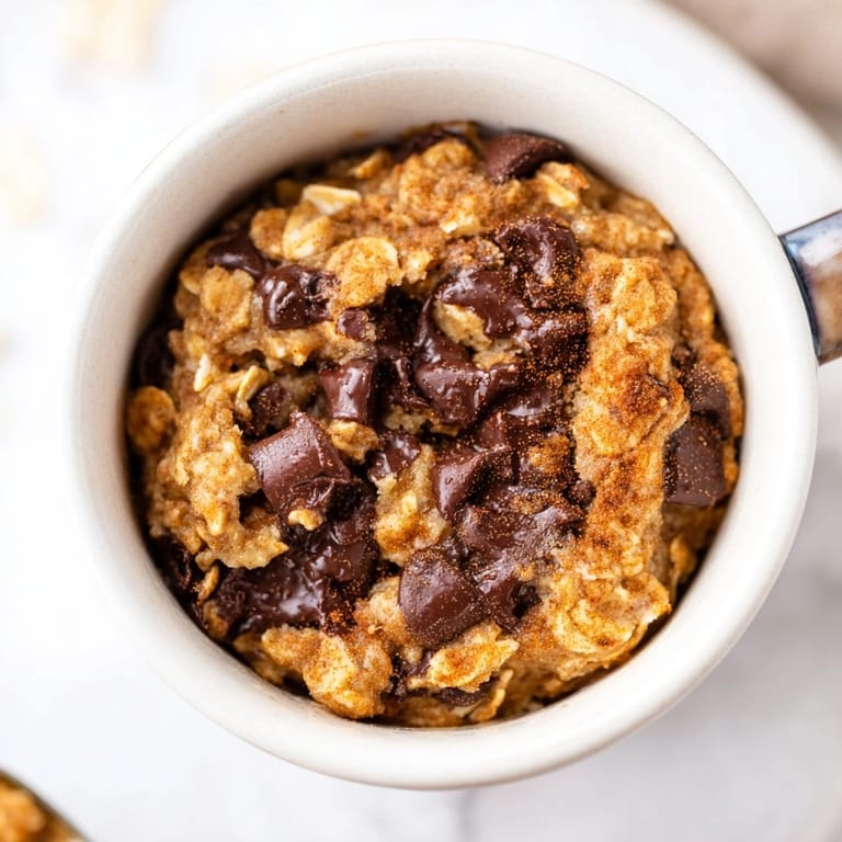 Quick oatmeal chocolate chip mug cookie recipe—microwaved to perfection, with melted chocolate.