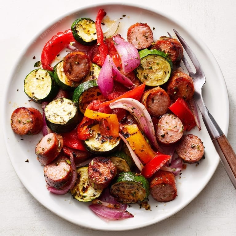 See juicy Italian sausage and vibrant veggies—a one pan Sausage &amp; Veggie Dinner.