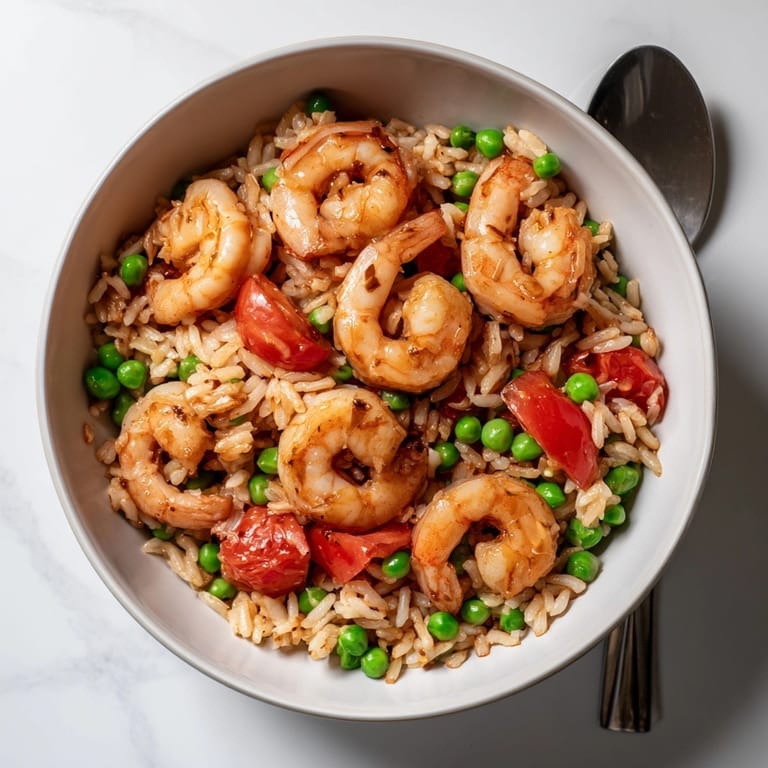 One-pan Skillet Shrimp &amp; Rice is ready to serve, a colorful, flavorful meal.