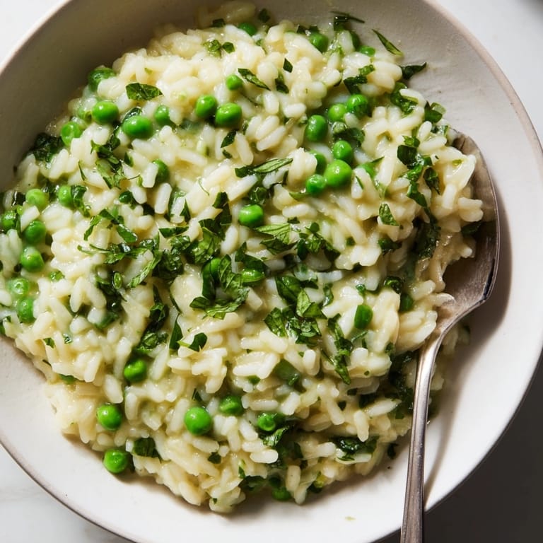 Close-up of delicious Spring Pea Risotto, a comforting and flavorful springtime meal.