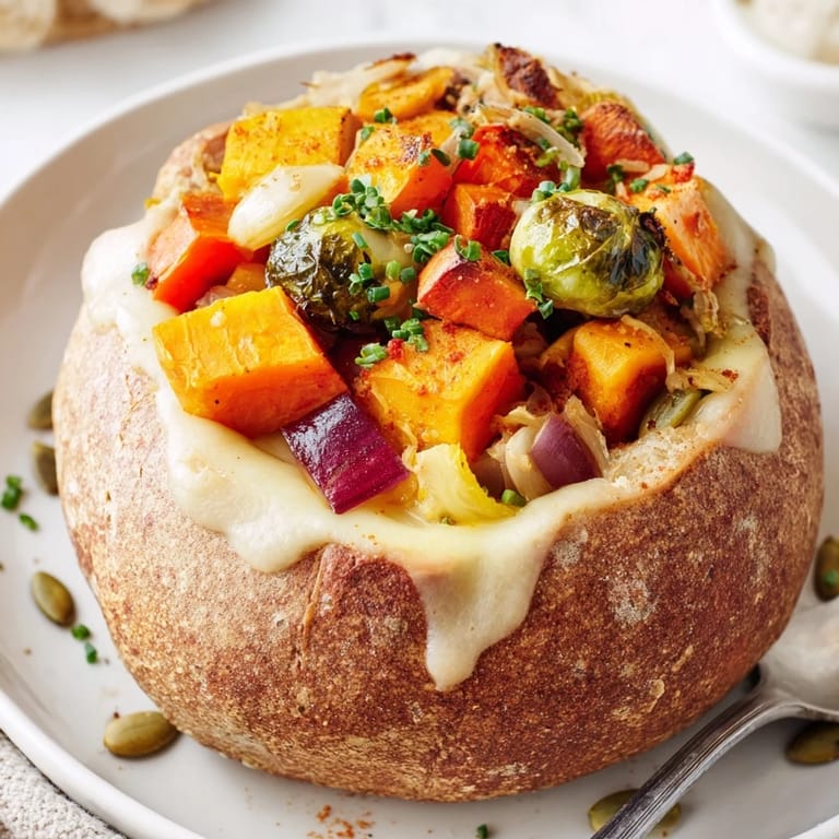 Warm Thanksgiving Veggie Stuffed Dip Bowls filled with savory cheese dip and colorful roasted veggies.  