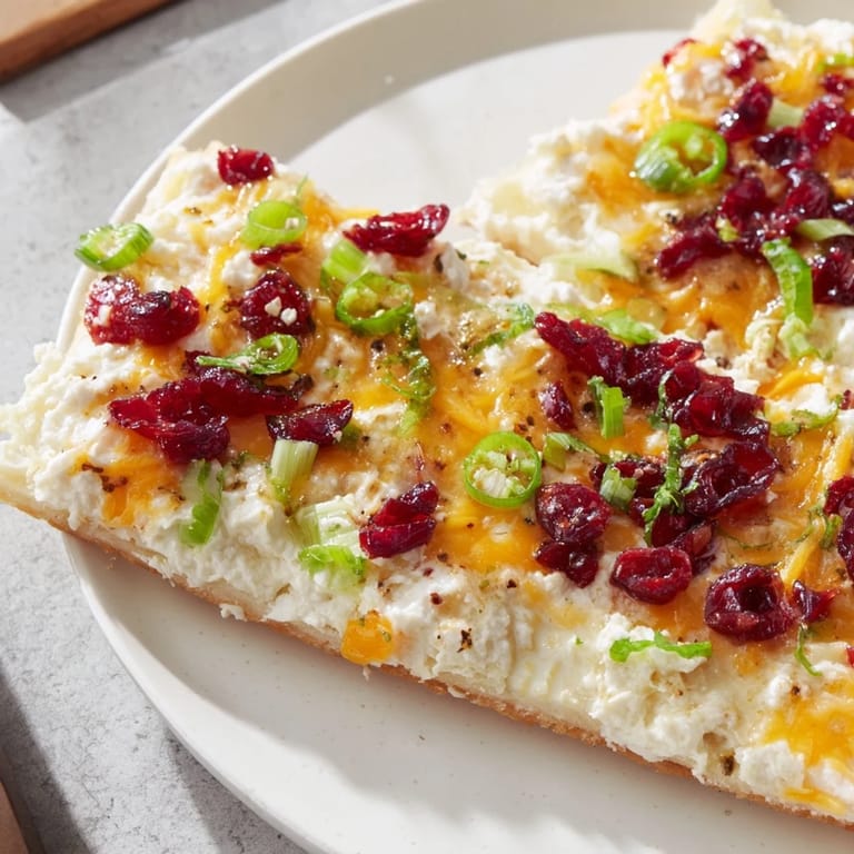 Sweet and spicy Cranberry Jalapeño Dip Pizza served as a delightful appetizer.  