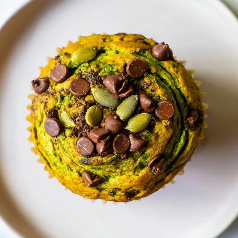 Fluffy matcha pumpkin muffins topped with pumpkin seeds, ideal for a healthy snack.  